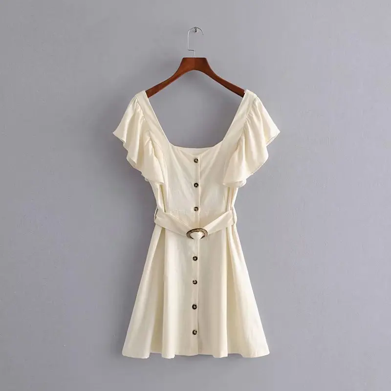 

2019 Summer New Style WOMEN'S Dress Europe And America Retro Solid Color Single-Breasted with Belt Lace-up Waist Hugging Slimmin