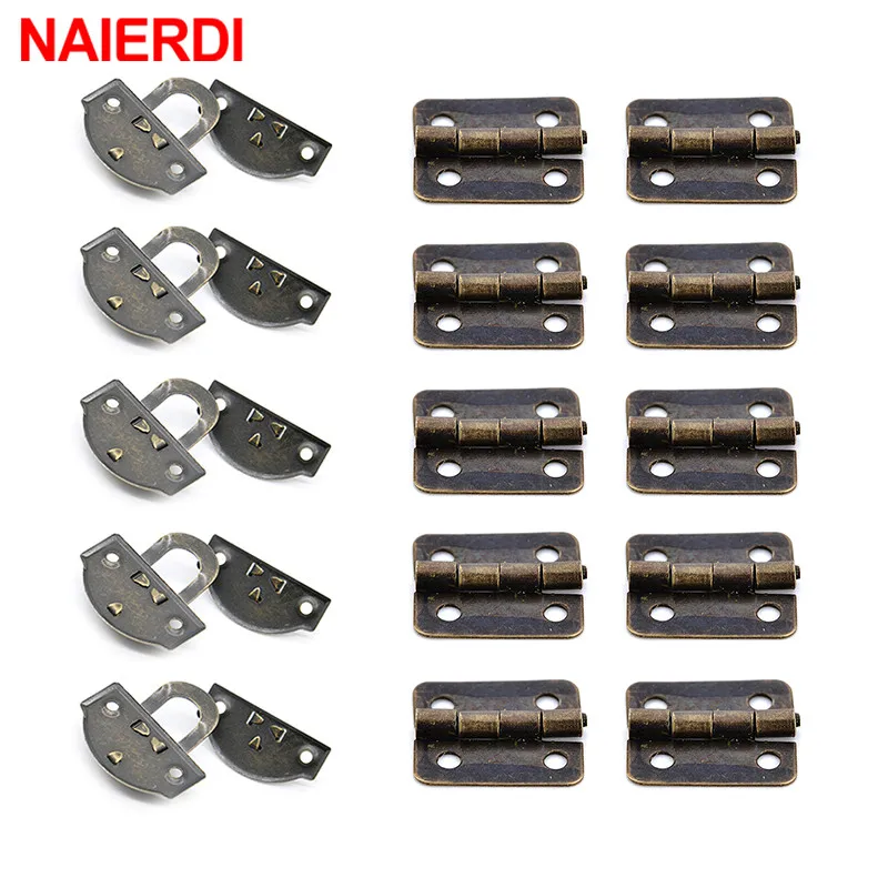 NAIERDI 5PCS Small Antique Metal Hasps Lock For Jewelry Storage Wood Box + 10PCS Antique Bronze Hinges Cabinet Mini Hinge