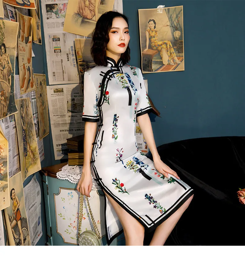 Sheng Coco белый шелк Qipa колено длинное Cheongsam традиционная китайская одежда женское винтажное платье с воротником платья в восточном стиле