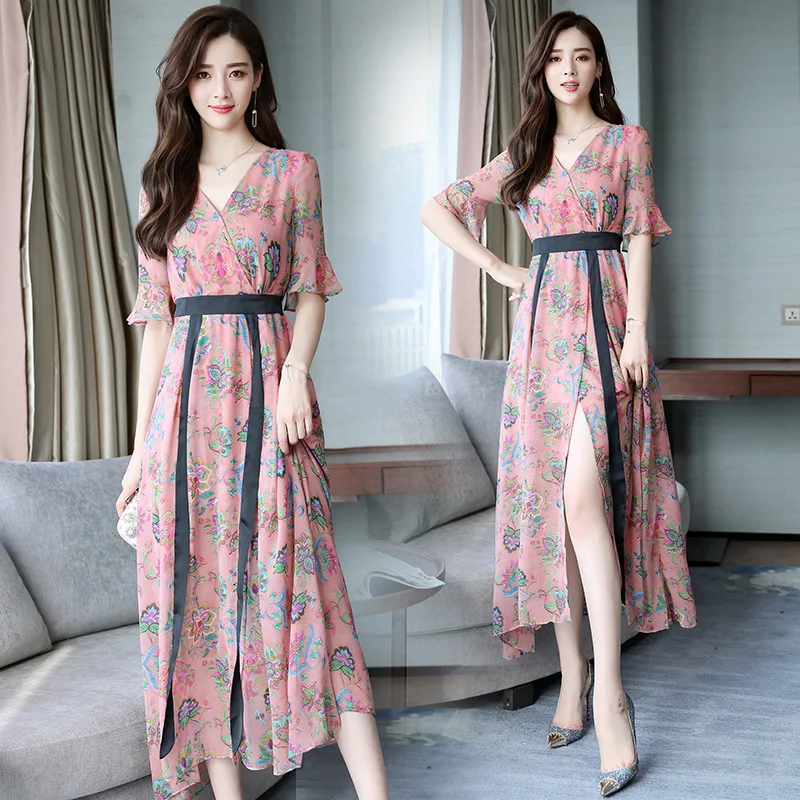 

Chiffon Dress Women's 2019 Summer New Style Mid-length Slim Fit Printed Debutante Elegant Feminine Skirt