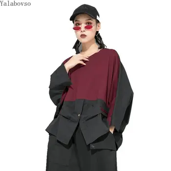 

2020 Spring Women's New Color Patchwork Nine-sleeve T-shirt Woman Black Styles Women T shirt Loose O Neck Tees Z3
