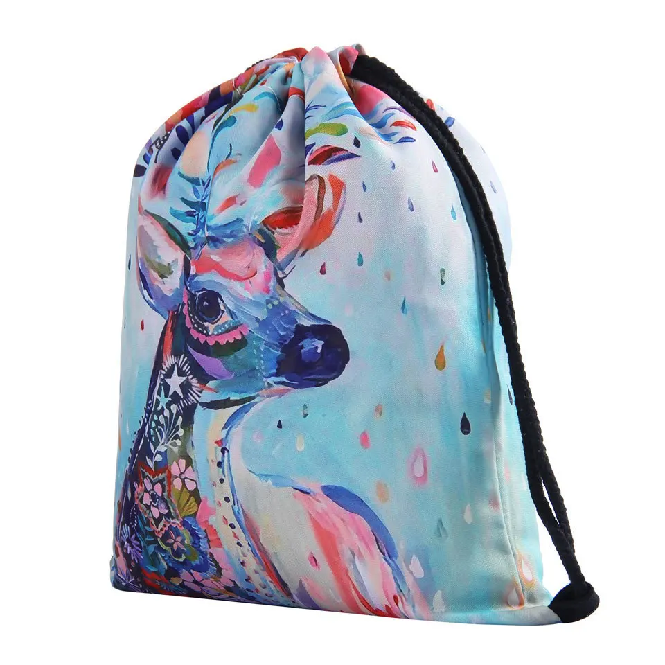 3D печать красочные олень девушки студентов Drawstring рюкзак полный печати Новая мода женская сумка на шнурке