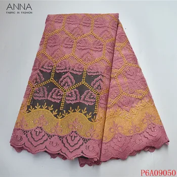 

Anna african net lace pink embroidery fabric with stones 5 yards/piece high quality french laces tulle fabrics for party dresses