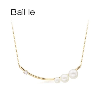 شراءBAIHE الصلبة 18K أبيض/أصفر/ارتفع الذهب 4/6/7 مللي متر لؤلؤ المياه العذبة 0.10ct الماس قلادات اللؤلؤ النساء هدية غرامة مجوهرات الزفاف