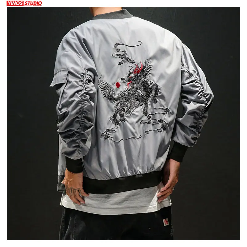 

Dropshipping Male Streetwear Fashion Outdoor Tops Chinese Kirin Embroidery Causal Jacket 2019 Autumn Sport Outwear Coats