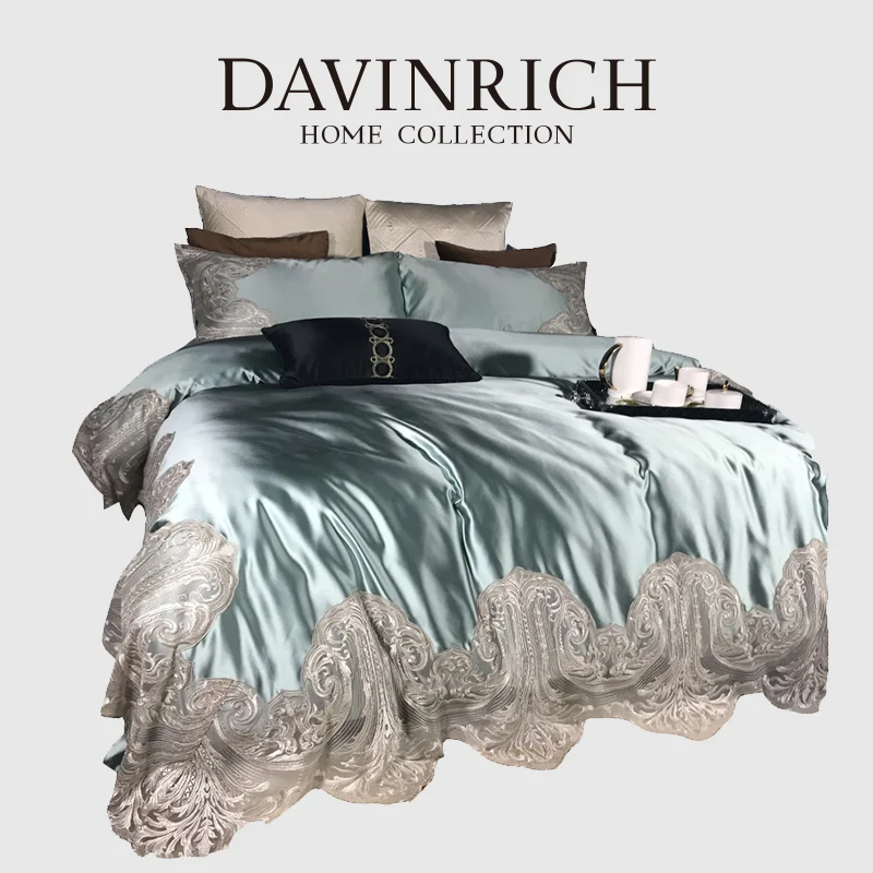 DAVINRICH French Lace Comforter Set 120s Egyptian Silk Cotton Luxury European Style Boutique Bedding Coverlet Romantic Decor