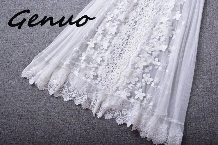 Genuo, новинка, летнее, белое, Вышитое, кружевное, трикотажное, длинное, v-образный ворот, с отворотами, с рукавом до локтя, женское платье в пляжном стиле