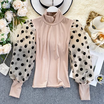 

Women's Top Stitching Mesh Gauze Pleated Puff Sleeves shirt