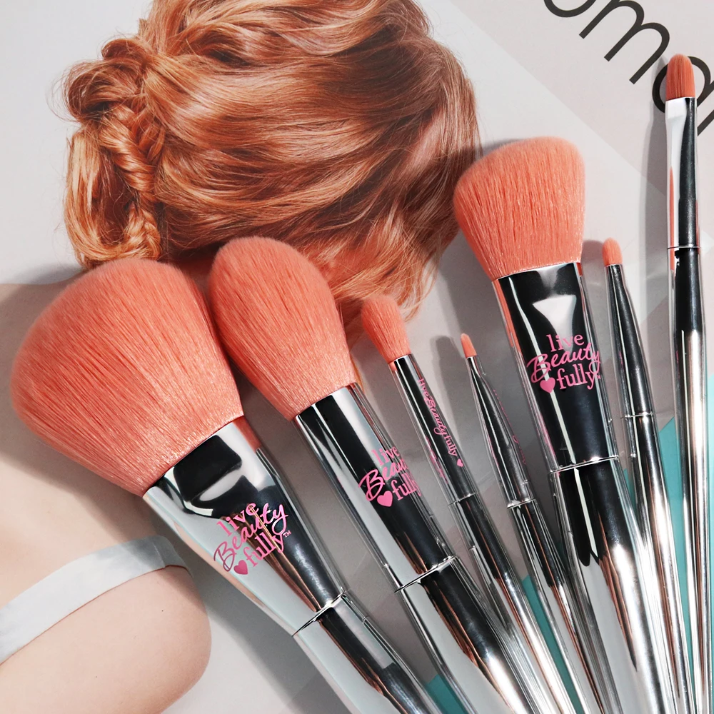 Pincéis de Maquiagem Blush em pó Compo a Escova Prata Profissional Definida Cosméticos Laranja Cabelo Sintético Destaque Sombra 9pcs Ele 3 Aplicador de sombra