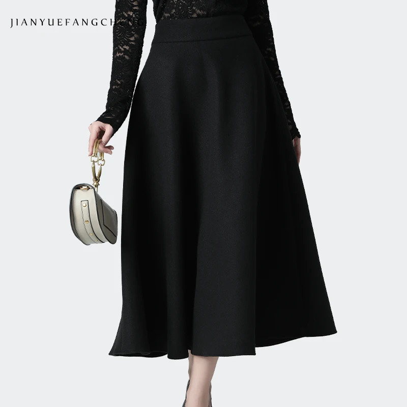 Женская зимняя черная шерстяная юбка, высокая талия, трапециевидная плиссированная юбка длиной до лодыжки размера плюс, теплая плотная Женская Повседневная Длинная юбка