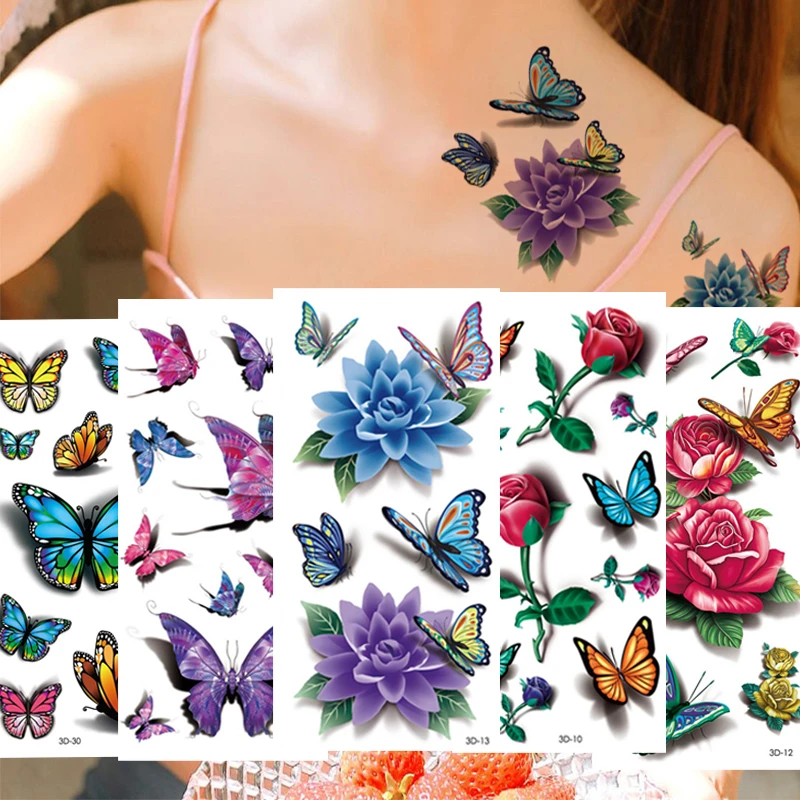 5個防水ステッカーファッション美しい蝶の花バラボディーアートフラッシュ女性偽アーム3dタトゥー Tattoo Sticker Waterproof Temporary Tattoo Stickertemporary Tattoo Sticker Aliexpress