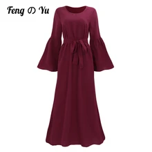 

Fall Muslim Elegant O Neck Ankle Length Evening Dress Vintage Lace Up Long Solid Color Women Full Sleeve Elegant Casual DressXL