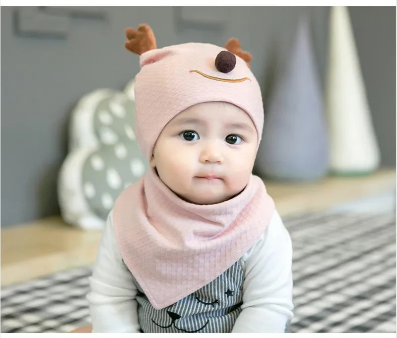 PUDCOCO Cute Baby Toddler Spring Autumn Cartoon Antlers Beanie Hat Hooded Triangle Scarf Knitted Cap Kids 0-8M