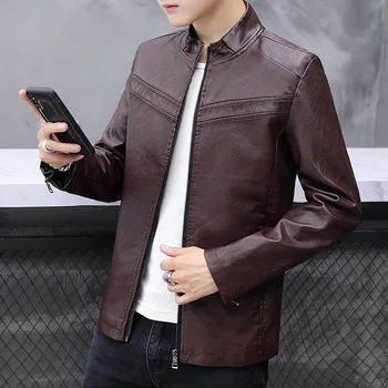 

2020 Men Autumn New Style Slim Fit Stand Collar Locomotive Leather Coat Youth PU Leather Joint Leather Jacket