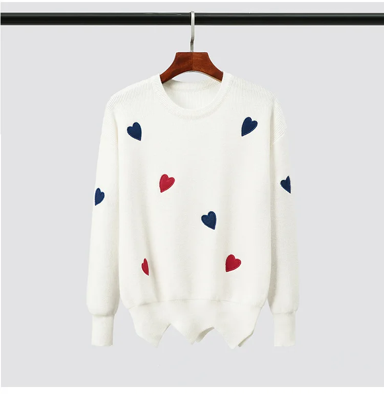 Baharcelin Для женщин для девочек; зимняя одежда с вышивкой, с вязаные свитера-пуловеры Повседневное свободный свитер с принтом свитера с сердечками трикотажные топы - Цвет: white