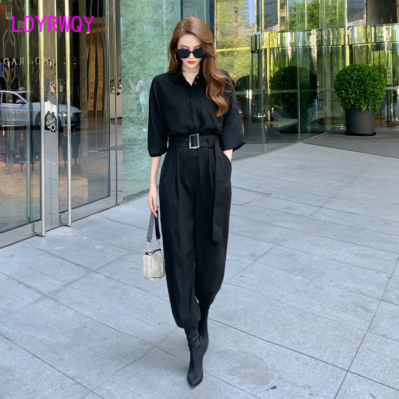 

2020 autumn European and American street tooling straps waist and thin drape jumpsuit Skinny Office Lady