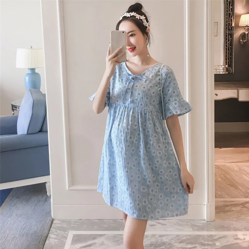 

2019 Maternity Clothes Tops Pregnant Women Dress Cotton Linen Korean-style Mid-length Nursing Clothes Maternity Dress Nursing Cl