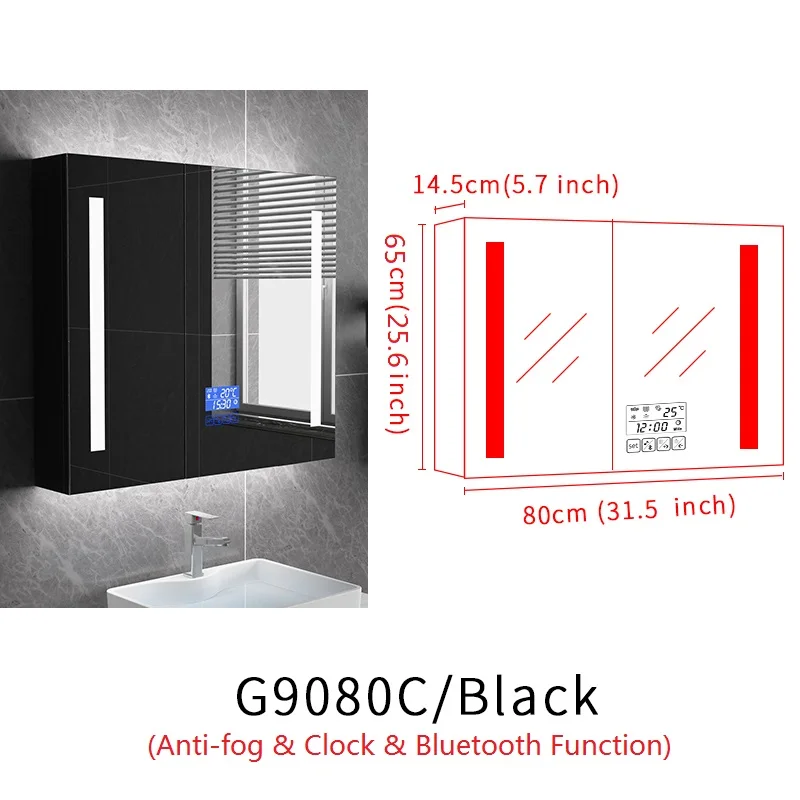 G9080C-Black Gisha Настенный умный светодиодный шкаф с зеркалом для макияжа с сенсорным экраном и Bluetooth, интеллектуальное анти-запотевающее зеркало для ванной - Цвет: G9080C-Black