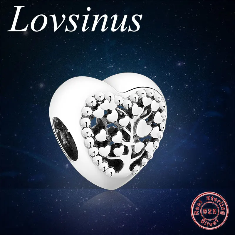 Аутентичные 925 Серебряное сердце семейное дерево Очаровательные бусы подходят