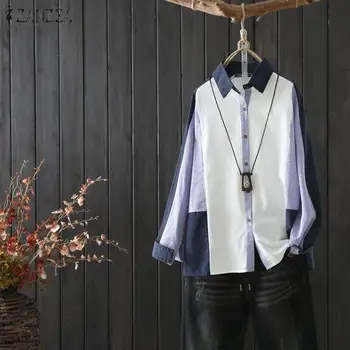 

Patchwork Striped Shirts Women Turn-down Shirt ZANZEA Plus Size Lady Ofice Cotton Linen Blouse Long Sleeve Tunic Tops Blusas 5XL
