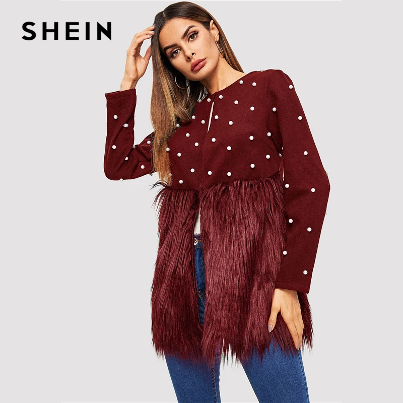 SHEIN Контрастное Пальто С Бусинами И Эко Мехом Стильное Пальто