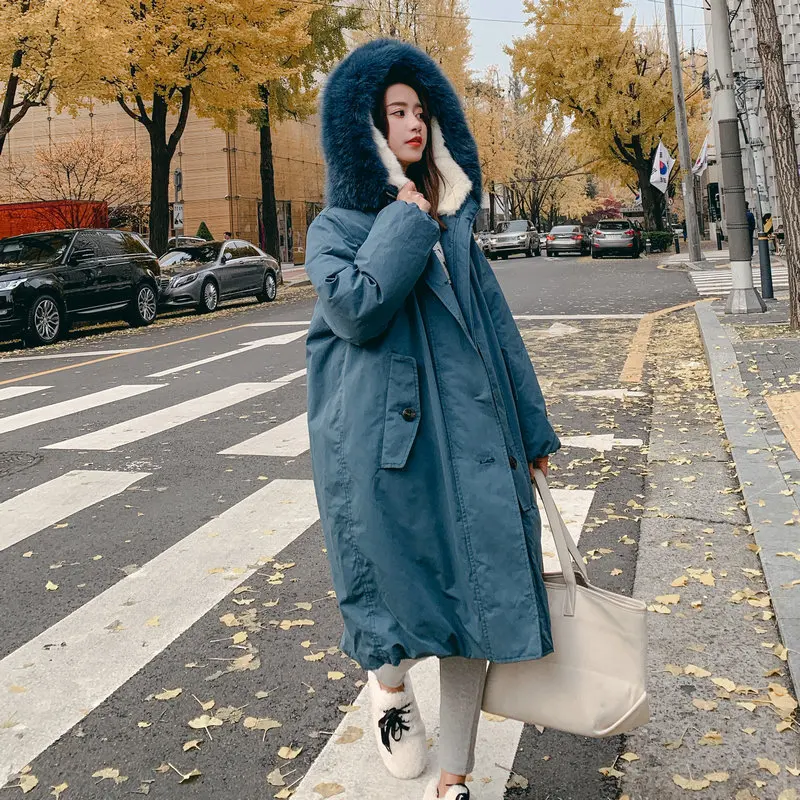 

Acz2019 Winter Hat in Rabbit Fur Mid-length Cotton-padded Clothes Korean-style Women's Padded Hooded Large Fur Collar Cotton Coa