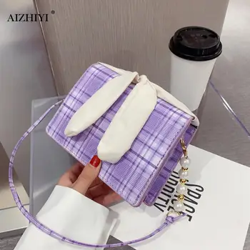 

Fashion Plaid Pearl Crossbody Bags Women PU Leather Bowknot Elegant Purse Shoulder Messenger Small Square Phone Pouch