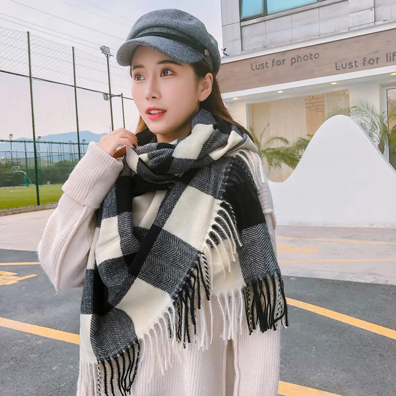001 YIMEI012 Winter Girls Cashmere Plaid Scarves Women's Casual Thick Warm Shawl Poncho Tippet Women Plaid Pashmine Wraps - Цвет: 001