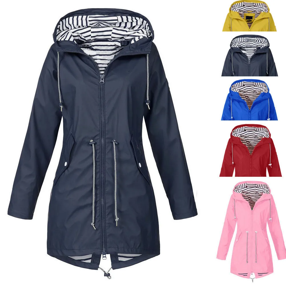 New Clothing Women Spring Womens Long Jacket With Hat Warm Coat Solid Rain Jacket Outdoor Jackets Raincoat Windproof#620