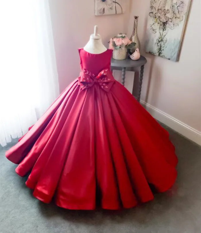 Высококачественное Красное атласное платье с цветочным узором для девочек, с бантом, Кристаллы складки, без рукавов, пушистые Бальные платья для милой принцессы, официальная одежда