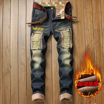 

Casual Slim Jeans Classic Trousers Denim Pants Male Ripped European Biker Embroidery Print Men Pant Trousers Men'S Jeans Warm