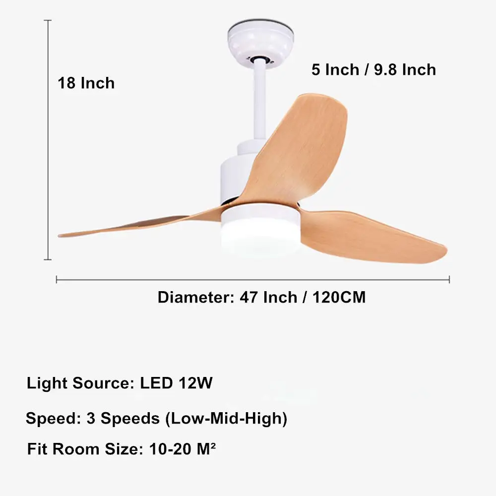 47Inch Modern Ceiling Light with Fans Remote Control Vintage ABS Blades Three Speeds for Living Room Bedroom Restaurant