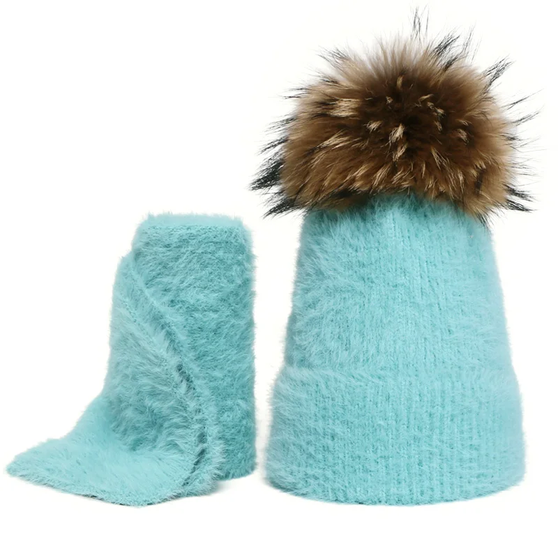 

2019 New Knitted Winter Hat Scarf Set Women Kids Thick Cotton Real Fur Pompon Beanies And Scarf Female Knitted Accessories Girls