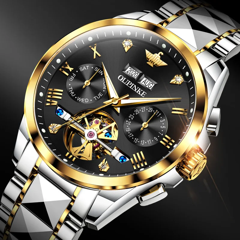 US $216.00 OUPINKE Top Brand Luxury Men Watches Automatic Black Watch Men Tungsten Steel Waterproof Business Sport Mechanical Wristwatch