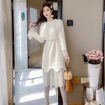 

Thicken Casual Dress Women Winter Dresses Womens Patch Work Lace Vestidos Verano 2019 Mujer Loose Blue Robe Femme
