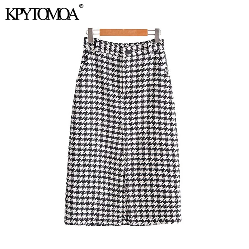 

Vintage Elegant Office Wear Houndstooth Skirt Women 2020 Fashion Zipper Fly Pockets Slit Plaid Female Skirts Chic Faldas Mujer