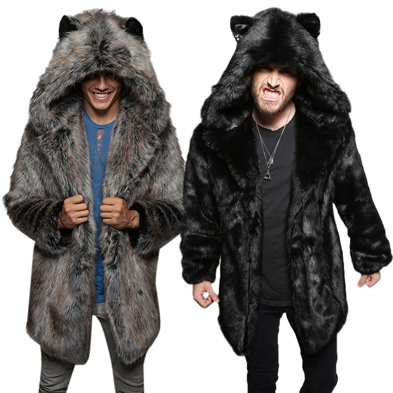 2021 Faux Fur Men Winter Coat with Ear Hooded Warm Long Sleeve Bear Plush Cardigan Thick Teddy Jacket Man Long Parka Man Tops mens leather motorcycle jackets