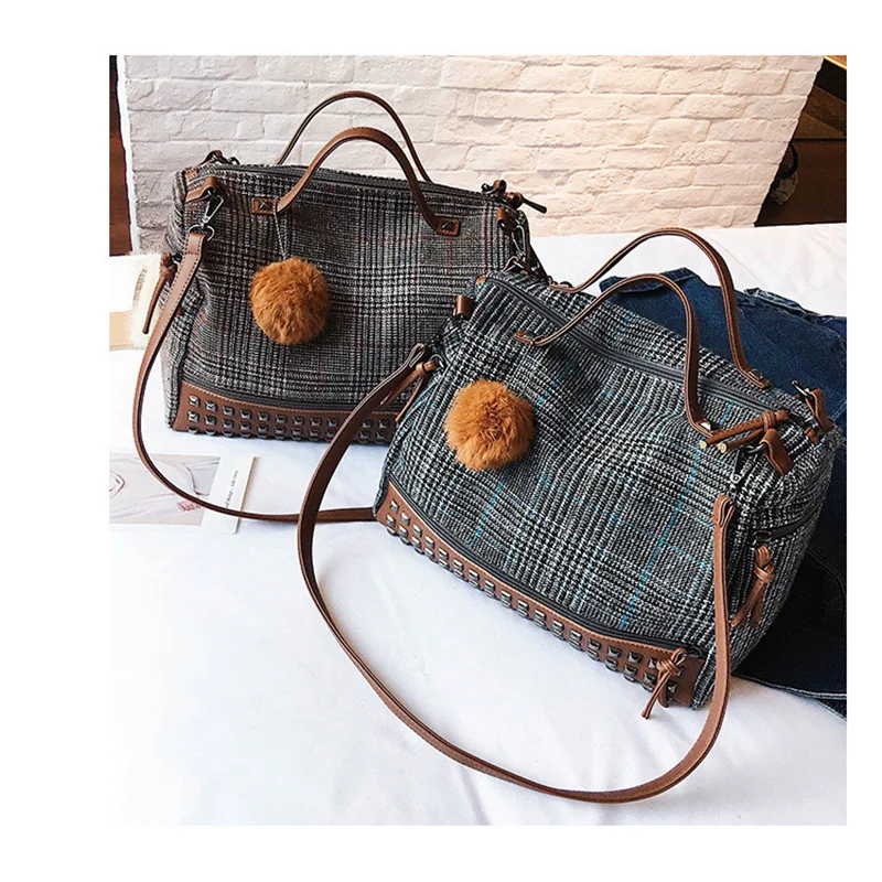Модная прошитая ПУ сумка на плечо с заклепками в стиле панк, сумка-тоут, повседневная простая сумка через плечо, шерстяная клетчатая сумка