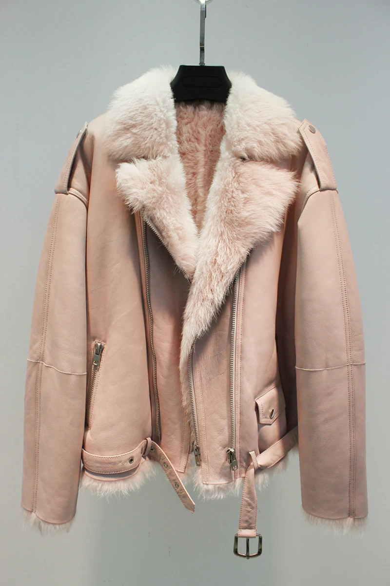 

2019 new winter women's fashion luxury toscana sheep fur sheepskin leather surface wool lining biker jacket coat