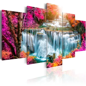 

Waterfall Landscape Modern Canvas Painting 5 Pieces Combined Posters Abstrac Canvas Printings Wall Pictures for Living Room