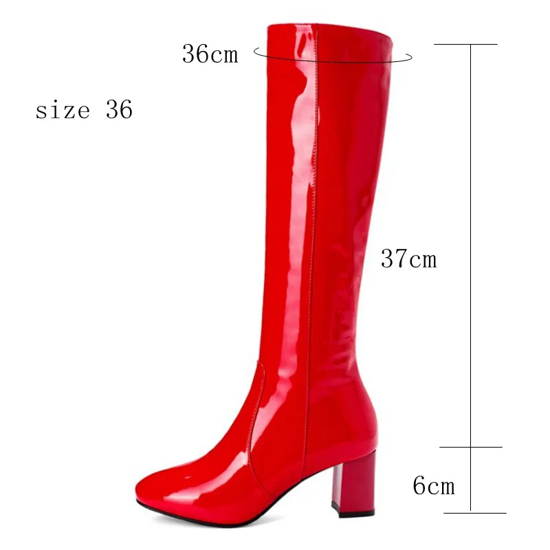 ASILETO Women Pattent leather knee high boots for women 6cm block heels red white black lady winter leather shoes botte femme