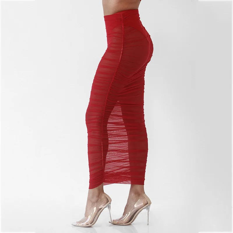 Kimuise Ruched Mesh обтягивающая юбка Высокая Wasit сексуальная Длинная юбка для женщин