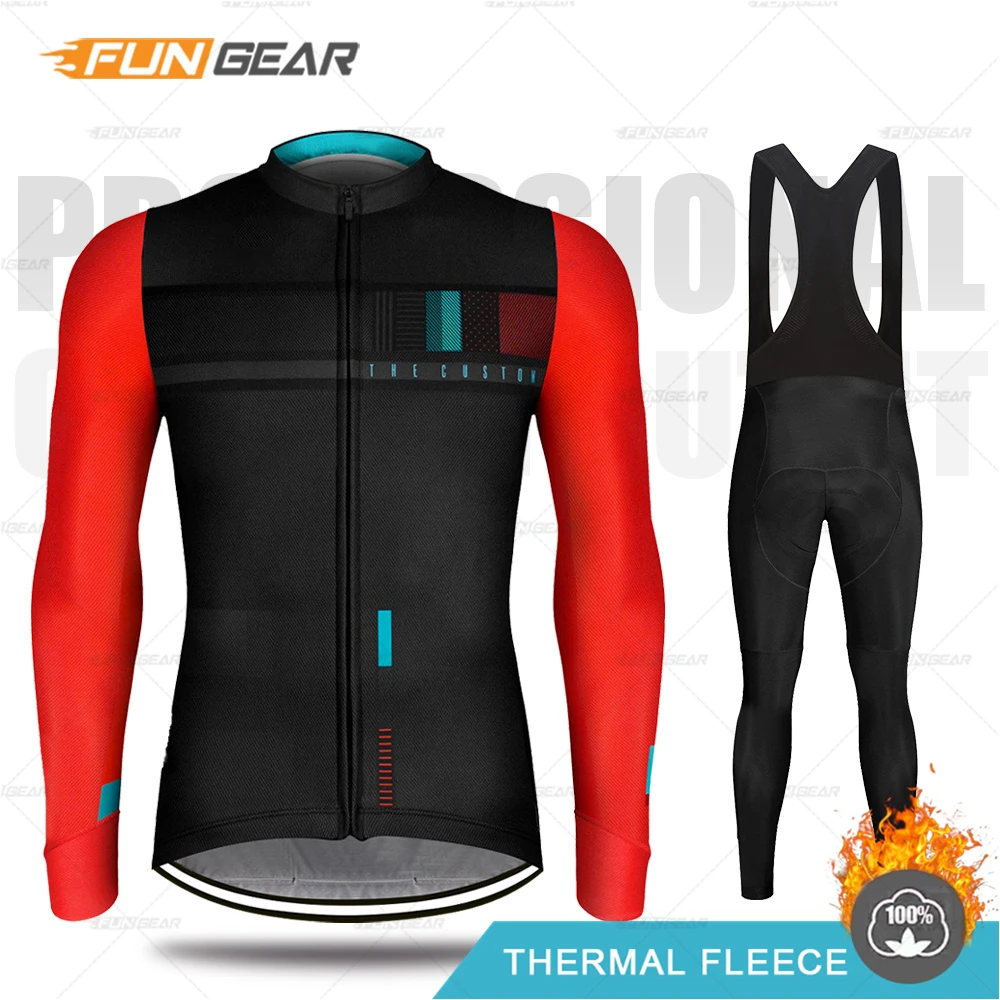 BIB SET Зимняя одежда для велоспорта для мужчин, комплект из Джерси, Теплая Флисовая одежда с длинными рукавами, одежда для холодной защиты, сохраняющая тепло, Профессиональная форма для езды на велосипеде - Цвет: BIB SET