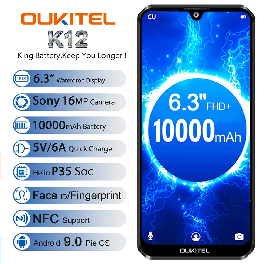 OUKITEL K12 водослива 6," FHD+ Android 9,0 1080*2340 16MP смартфон 6 ГБ 64 Гб Face ID 10000 мАч 5 В/6A OTG NFC мобильный телефон
