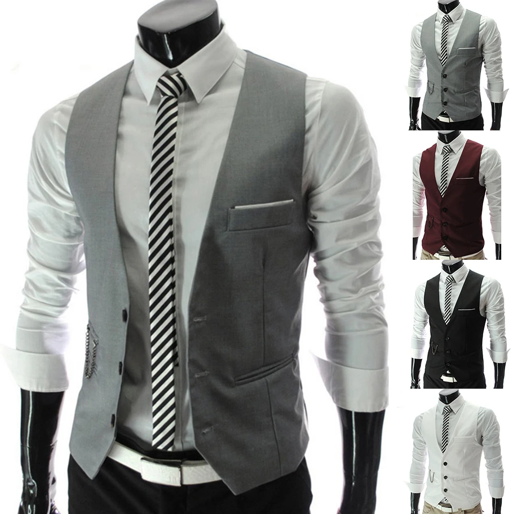 Fashion Men Waistcoat Vest Solid Color V Neck Sleeveless Buttons Blazer Plus Size Formal Business Jacket chalecos para hombre