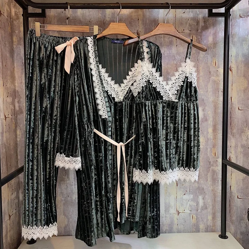Яркие бархатные модные мягкие женские пижамные комплекты из 4 предметов на осень и зиму, винтажные сексуальные комплекты халатов, элегантные женские пижамные костюмы