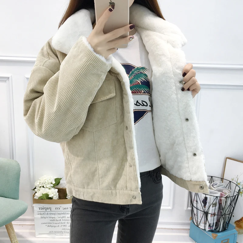 

2019 autumn and winter Korean version of corduroy jacket female short section thickening lamb wool cotton clothing loose