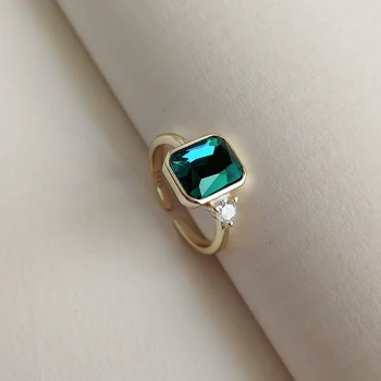 

Square Green Crystal Charms Rings for Women Trendy Real 925 Sterling Silver Gold Color Size Adjustable Female Wedding Rings