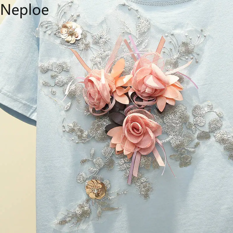 Neploe Plus Size T Shirt for Women Korean Fashion Embroidery Lace Flower Femme Shirt Tops O Neck Student Loose Casual Tee Tshirt