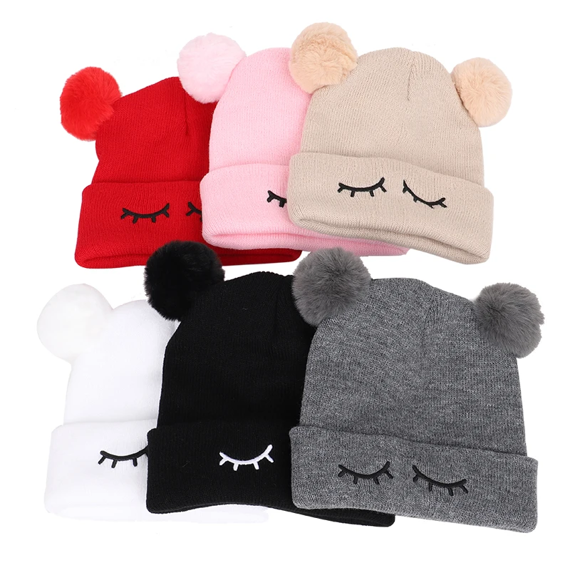 Шапка цвета хаки, розовый, Blink Eye Beanies, зимняя детская шапка с помпоном, вязаная Милая шапочка для девочек и мальчиков, повседневные однотонные детские шапки